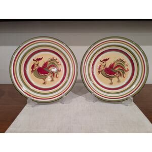 Pair of Tabletop Gallery Rafael Rooster Hand-Painted Ceramic Salad / Lunch Plate